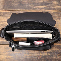 Black Leather Small Zipper Messenger Bag Small Side Bag Black Courier Bag Shoulder Bag For Men