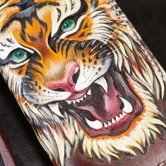 Handmade Leather Tiger Tooled Mens Chain Biker Wallet Cool Leather Wallet Long Phone Wallets for Men