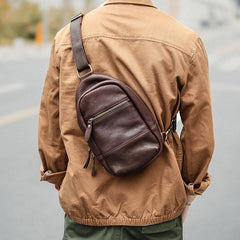 Vintage Dark Brown Leather Mens Chest Bag Red Brown Sling Bag Sling Pack For Men - imessengerbags