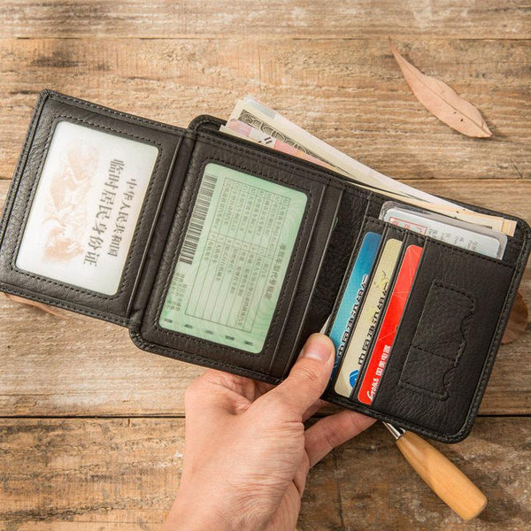 Black Cool Leather Mens Small Wallet Trifold Vintage billfold Wallet for Men - imessengerbags