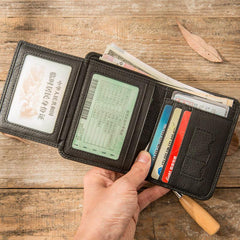 Black Cool Leather Mens Small Wallet Trifold Vintage billfold Wallet for Men - imessengerbags