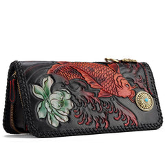 Handmade Leather Tooled Carp Prajna Mens Chain Biker Wallet Cool Leather Wallet Zipper Long Phone Wallets for Men - imessengerbags