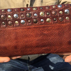 Handmade Genuine Rock Punk Leather Mens Cool Long Wallet Wristlet Bifold Clutch Wallet for Men