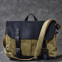 Canvas Leather Mens Army Green Postman Side Bag 14'' Black Messenger Bag Large Shoulder Bag For Men - imessengerbags