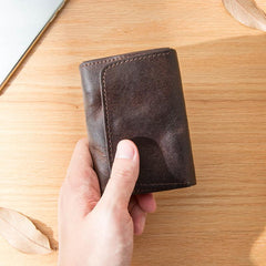 Dark Brown Cool Leather Mens Card Wallets Bifold Vintage Front Pocket Wallet Coin Holder for Men - imessengerbags