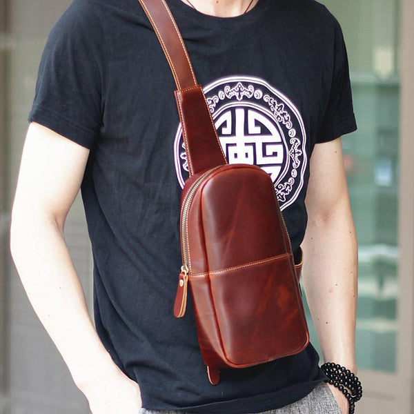 Brown Cool Leather Mens Sling Bag Chest Bag Brown Sling Pack For Men