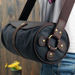 Gray Canvas Leather Mens Green Barrel Postman Bag Bucket Messenger Bag Side Bag For Men - imessengerbags