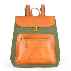 Canvas Leather Mens Women Student Backpack Army Green Travel Backpack Caramel College Backpack for Men - imessengerbags