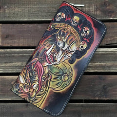 Black Handmade Tooled Leather Double Carp Clutch Long Wallet Zipper Wallet For Men - imessengerbags
