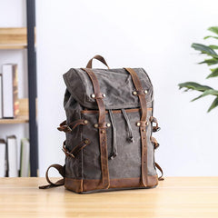 Cool Canvas Leather Mens Womens Dark Gray Backpack Army Green Travel Backpack College Backpack for Men - imessengerbags