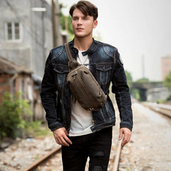Casual Dark Brown Leather Mens One Shoulder Backpacks Sling Bags Chest Bags for Men - imessengerbags