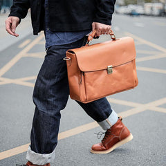 Vintage Light Brown Mens Leather Briefcase Work Handbags Brown 14'' Computer Briefcase For Men - imessengerbags