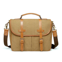 Khaki Canvas Leather Mens Casual Briefcase Shoulder Bag Messenger Bags Casual Courier Bags for Men