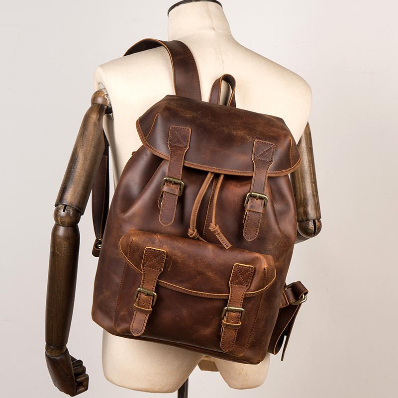 brown leather men's backpack Casual Brown Leather Mens 15 inches Laptop Backpack Travel Backpack Brown School Backpack for Men
