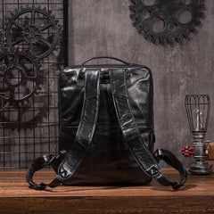 Black Cool Mens Leather Backpack Travel Backpack Leather 15inch Laptop Backpack for Men - imessengerbags