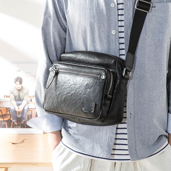 Black Cool Leather Mens 10 inches Courier Bag Postman Bag Black Messenger Bags Side Bag for Men - imessengerbags