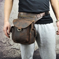 Cool Dark Brown Leather Mens Drop Leg Bag Belt Pouch Small Side Bag Shoulder Bag For Men