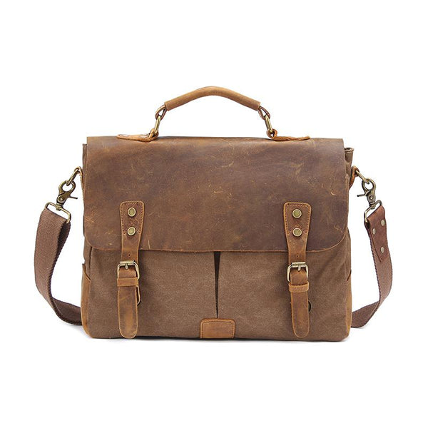 Canvas Leather Mens 14" Simple Khaki Briefcase Side Bag Lake Green Messenger Bag Brown Shoulder Bag for Men