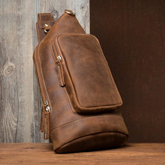 Brown Casual Leather Mens 8 inches Sling Bags Chest Bags One Shoulder Backpack for Men - imessengerbags