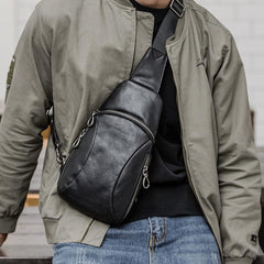 Cool Mens Black Leather Sling Bag Chest Bag Soft Black One Shoulder Backpack Sling Backpack for men - imessengerbags