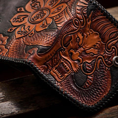 Handmade Leather Tooled Chinese Dragon Biker Wallet Mens Cool Short Chain Wallet Trucker Wallet with Chain - imessengerbags
