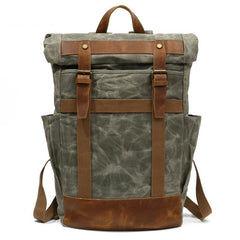Waxed Canvas Leather Mens Waterproof Black Travel Backpack 15'' Green Computer Hiking Backpack for Men - imessengerbags