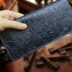 Handmade Leather Floral Mens Cool Travel Long Wallet Card Holder Card Slim Clutch Wallets for Men - imessengerbags