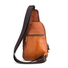 Vintage Tan Leather Men's Chest Bag One Shoulder Backpack Sling Bag For Men