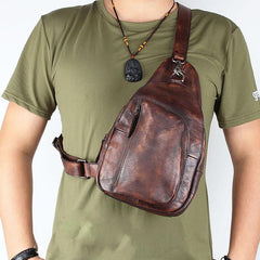 Cool Brown MENS LEATHER Sling Bag Chest Bag Coffee One Shoulder Backpack For Men - imessengerbags