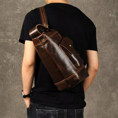 Genuine Leather Mens Cool Chest Bag Sling Bag Crossbody Bag Travel Bag Hiking Bag for men