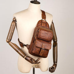 Casual Brown Leather Mens Sling Pack Sling Bag Chest Bags One Shoulder Backpack for Men - imessengerbags