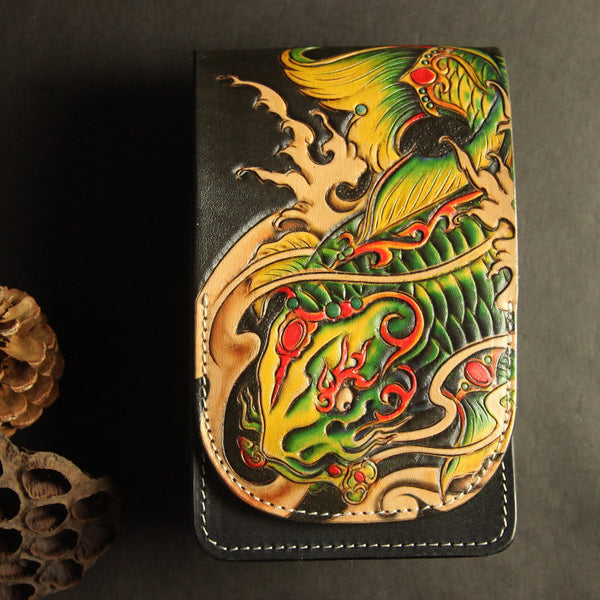 Handmade Tooled Leather Carp Mens Belt Pouch Waist Bag Belt Phone Bag Mobile Bag For Men - imessengerbags