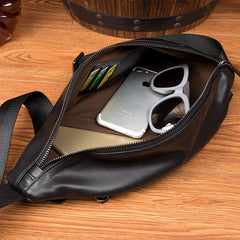 Black Leather Mens 8 inches Cool Sling Bags Crossbody Pack Black Chest Bag One Shoulder Pack for men - imessengerbags