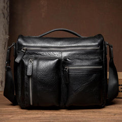 Black Leather 10 inches Mens Small Messenger Bag Black Side Bag Courier Bag Postman Bag for Men