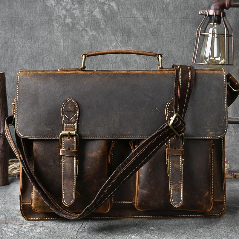 Vintage Leather Mens 14" Brown Laptop Briefcase Business Brown Briefcase For Men - imessengerbags