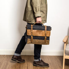 Canvas Leather Mens Side Bag Black 14'' Briefcase Gray Postman Bag Messenger Bag for Men