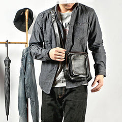Black Cool Leather Mens Small Postman Bag Vertical Messenger Bag Black Courier Bags For Men - imessengerbags
