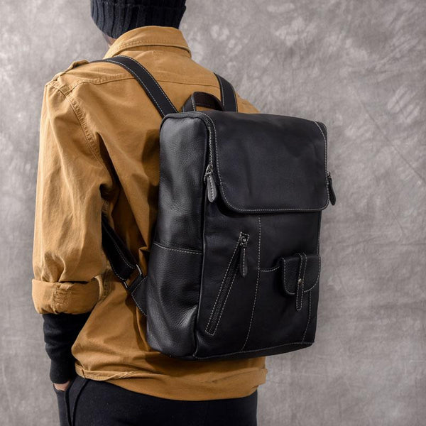 Black Leather Mens 14" Laptop Backpack Backpack Travel Backpack College Backpack for Men - imessengerbags