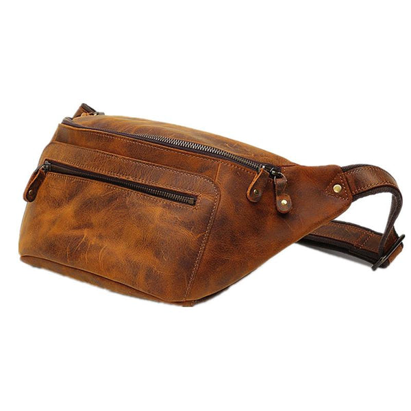 Leather Fanny Pack – Waterproof Waist Bag With Adjustable Strap, Crossbody Sling For Men, Brown, Small Size