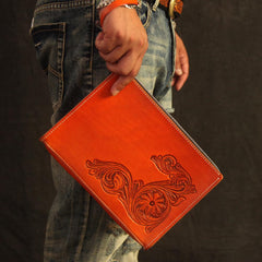 Cool Handmade Tooled Leather Tan Floral Clutch Wallet Wristlet Bag Clutch Purse For Men