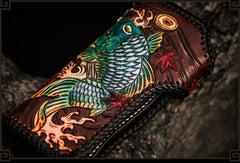 Handmade Leather Tooled Carp Mens Chain Biker Wallet Cool Leather Wallet Long Phone Wallets for Men