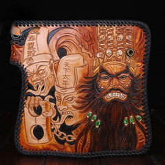 Handmade Mens Cool Tooled Zhong Kui demon Leather Chain Wallet Biker Trucker Wallet with Chain