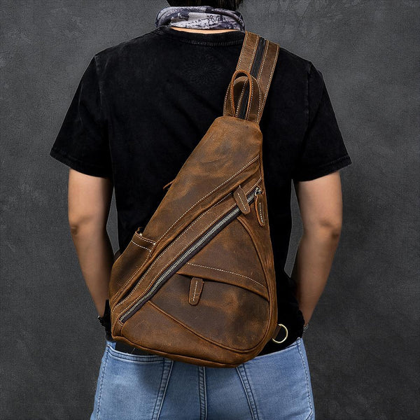 Vintage Leather Mens 16" Backpack Sling Bag Brown Chest Bag One Shoulder Backpack for Men - imessengerbags