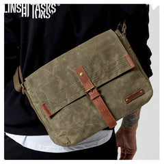 Fashion Waxed Canvas Leather Mens Army Green Side Bags Messenger Bags Khaki Casual Canvas Courier Bag for Men