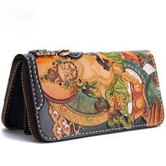 Handmade Leather Tooled Yellow Jambhala Mens Chain Biker Wallet Cool Leather Wallet Zipper Long Phone Wallets for Men