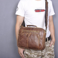 Brown Cool Leather Small Vertical Side Bag Briefcase Messenger Bag Brown Handbag Shoulder Bag For Men