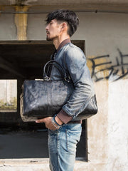 Fashion Black Leather Mens 16 inches Weekender Bag Black Side Bag Travel Shoulder Bags Duffle Bags for men