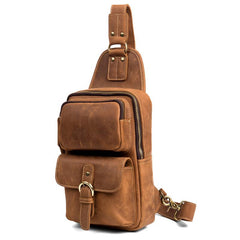 Cool Brown Leather Mens Sling Pack Sling Bag Crossbody Pack One Shoulder Pack Chest Bag for men - imessengerbags