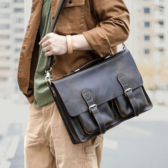 Vintage Dark Brown Mens Leather Briefcase Work Handbag Dark Coffee 14'' Computer Briefcase For Men - imessengerbags