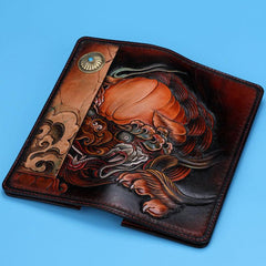Handmade Leather Chinese Lion Mens Chain Biker Wallet Cool Leather Wallet With Chain Wallets for Men - imessengerbags